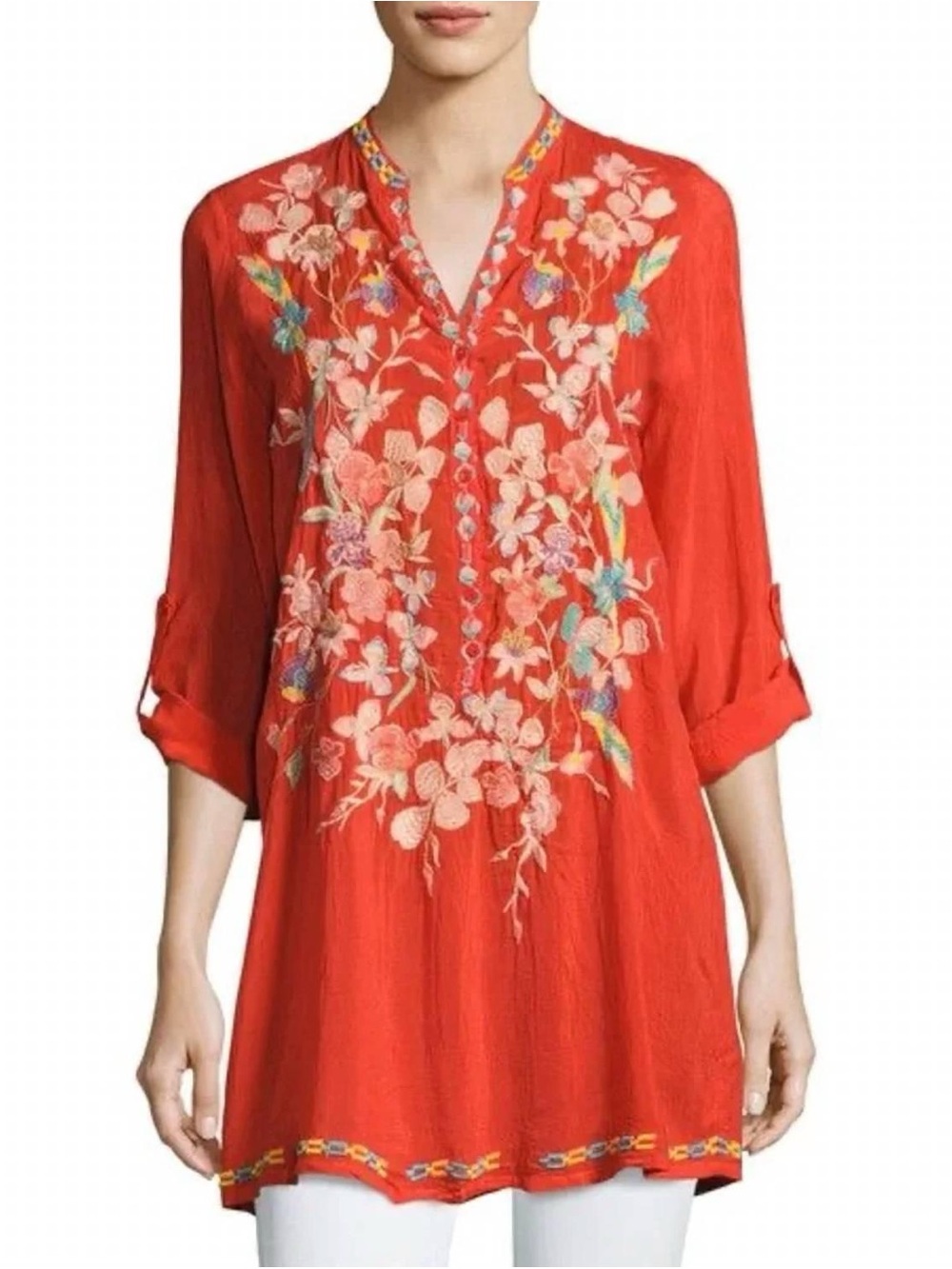 Johnny Was Embroidered Red V-Neck Women's Tunic Top